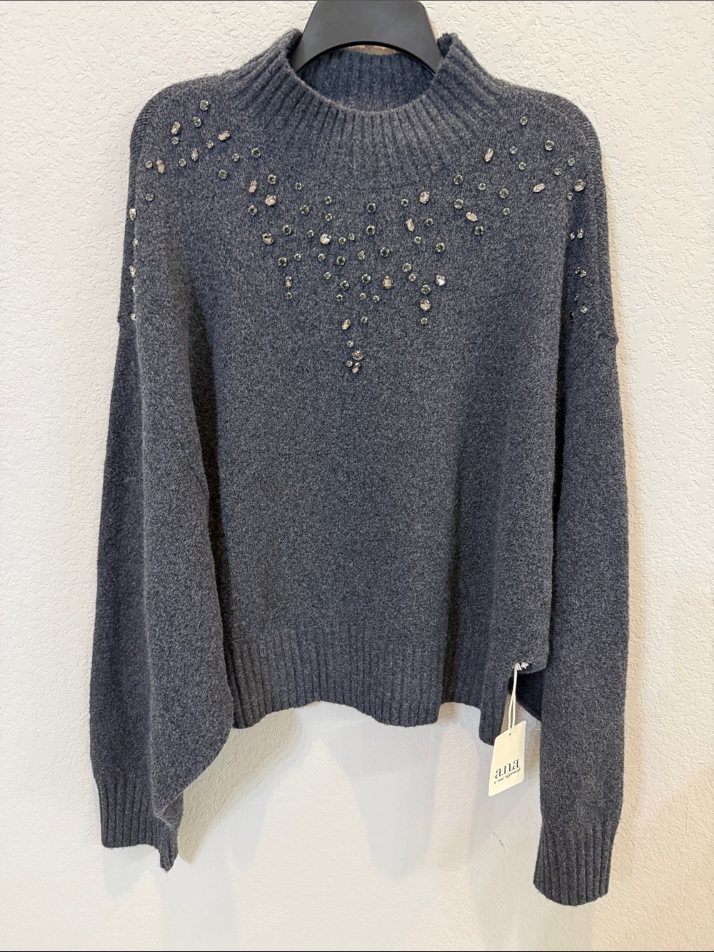 a.n.a Charcoal Heather Rhinestone Embellished Mock Neck Sweater